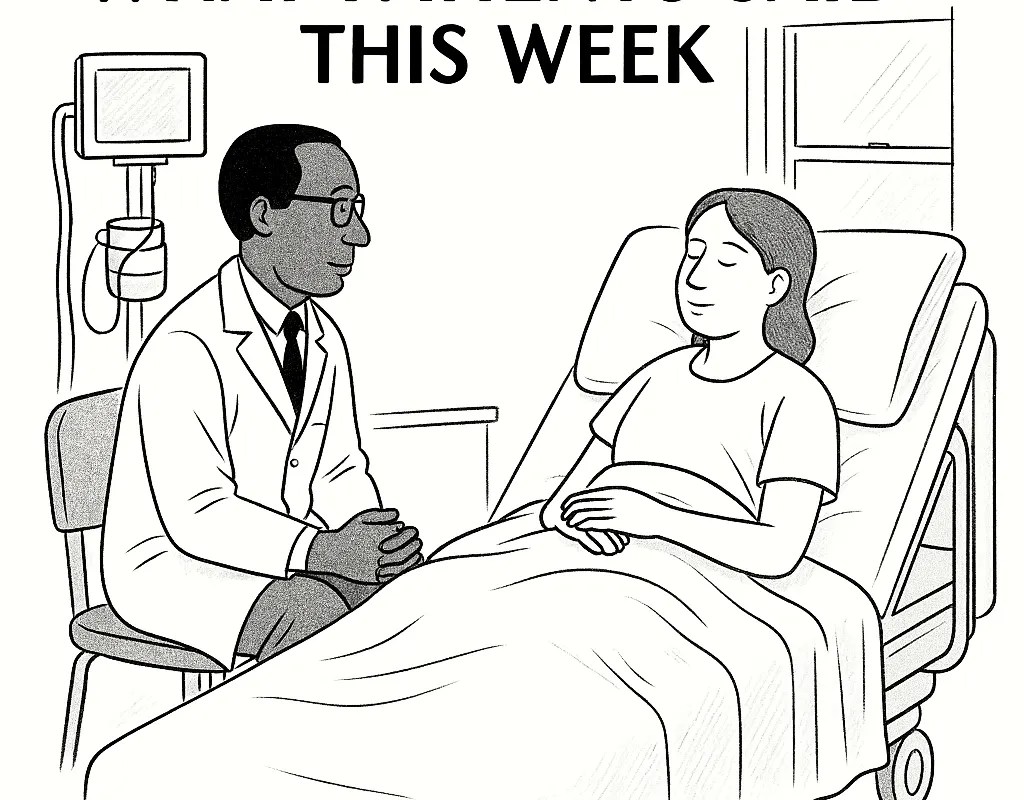 Black and white cartoon drawing of a doctor sitting beside a patient in a hospital bed, both calmly engaged in conversation.