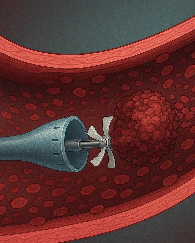 Illustration of a medical device breaking up a blood clot inside a blood vessel.