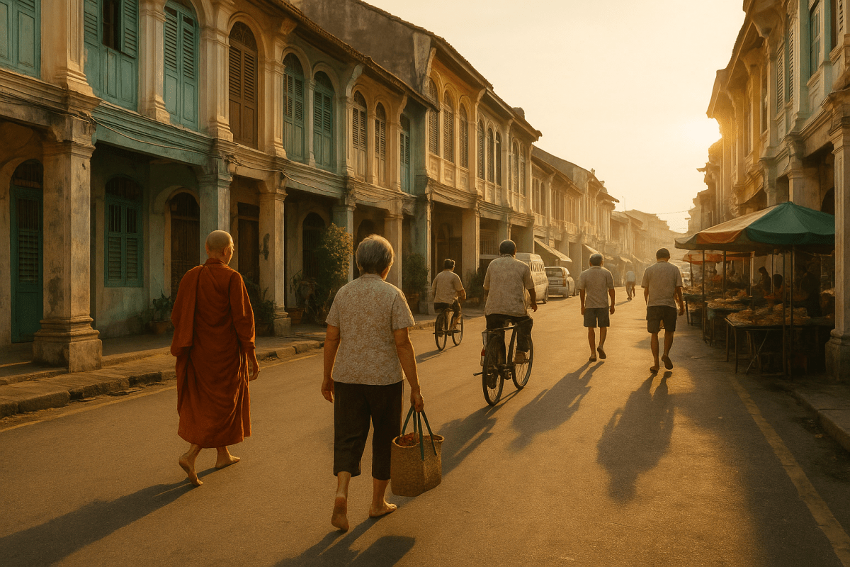 Morning street scene in Penang, Malaysia, with elderly locals walking and biking past heritage shophouses and market stalls.
