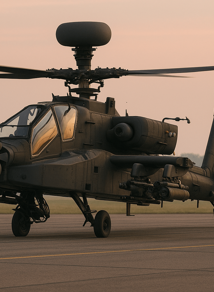 An AH-64 Apache helicopter parked on an airfield at sunrise, viewed from a front-side angle with rotor blades in motion.